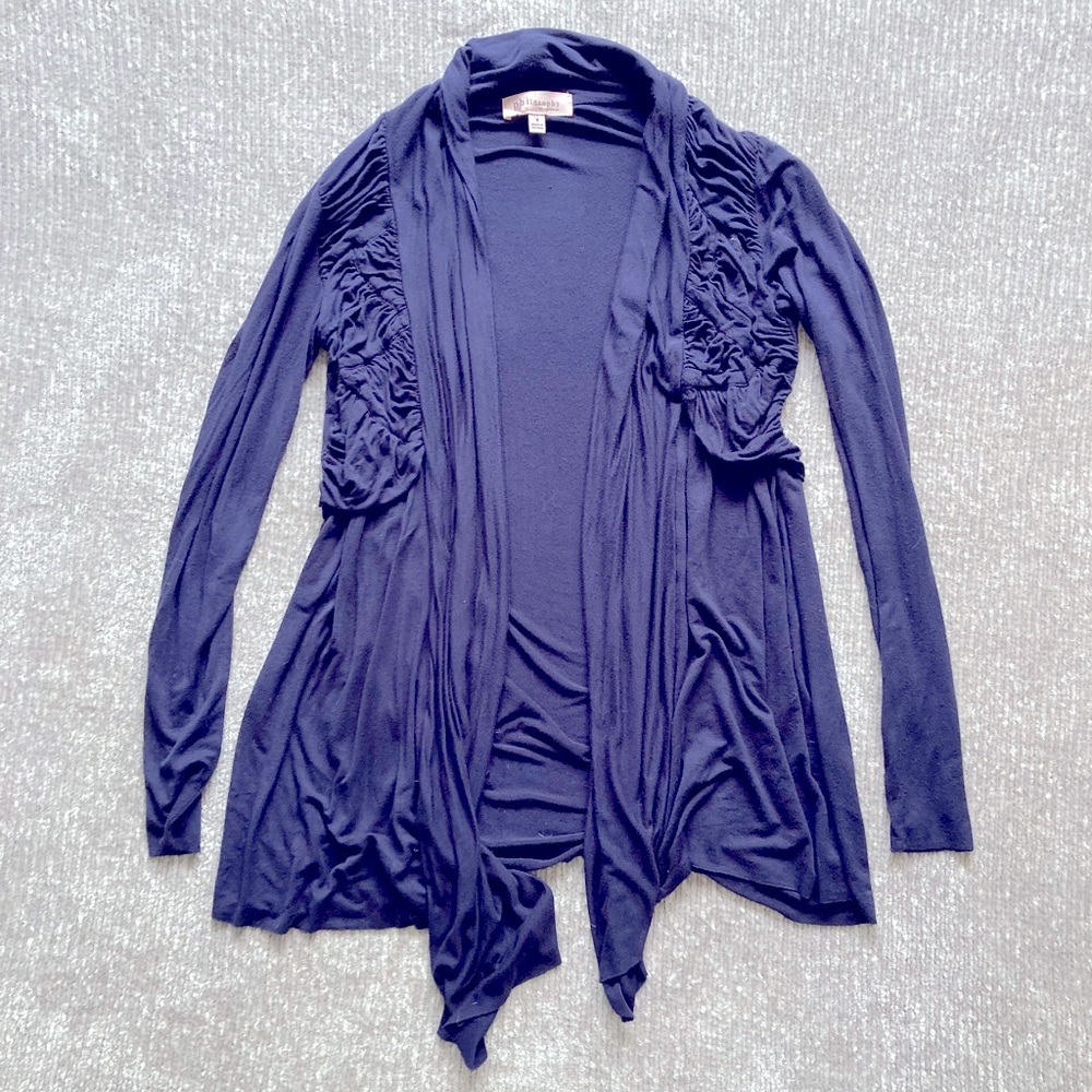 Philosophy Navy Blue Ruched Open Front Cardigan Small Romantic Coastal Layering